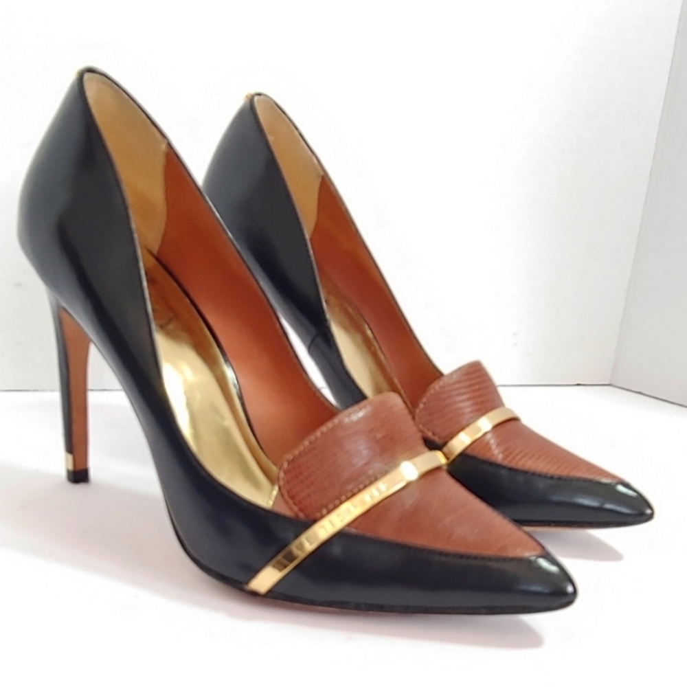Ted Baker Two-Tone Black and Brown Pointed Toe Heels with Gold Bar - Picture 9 of 12